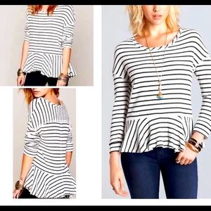 WE THE FREE — THERMAL PEPLUM STRIPED BLOUSE, BLACK & WHITE TOP, SMALL